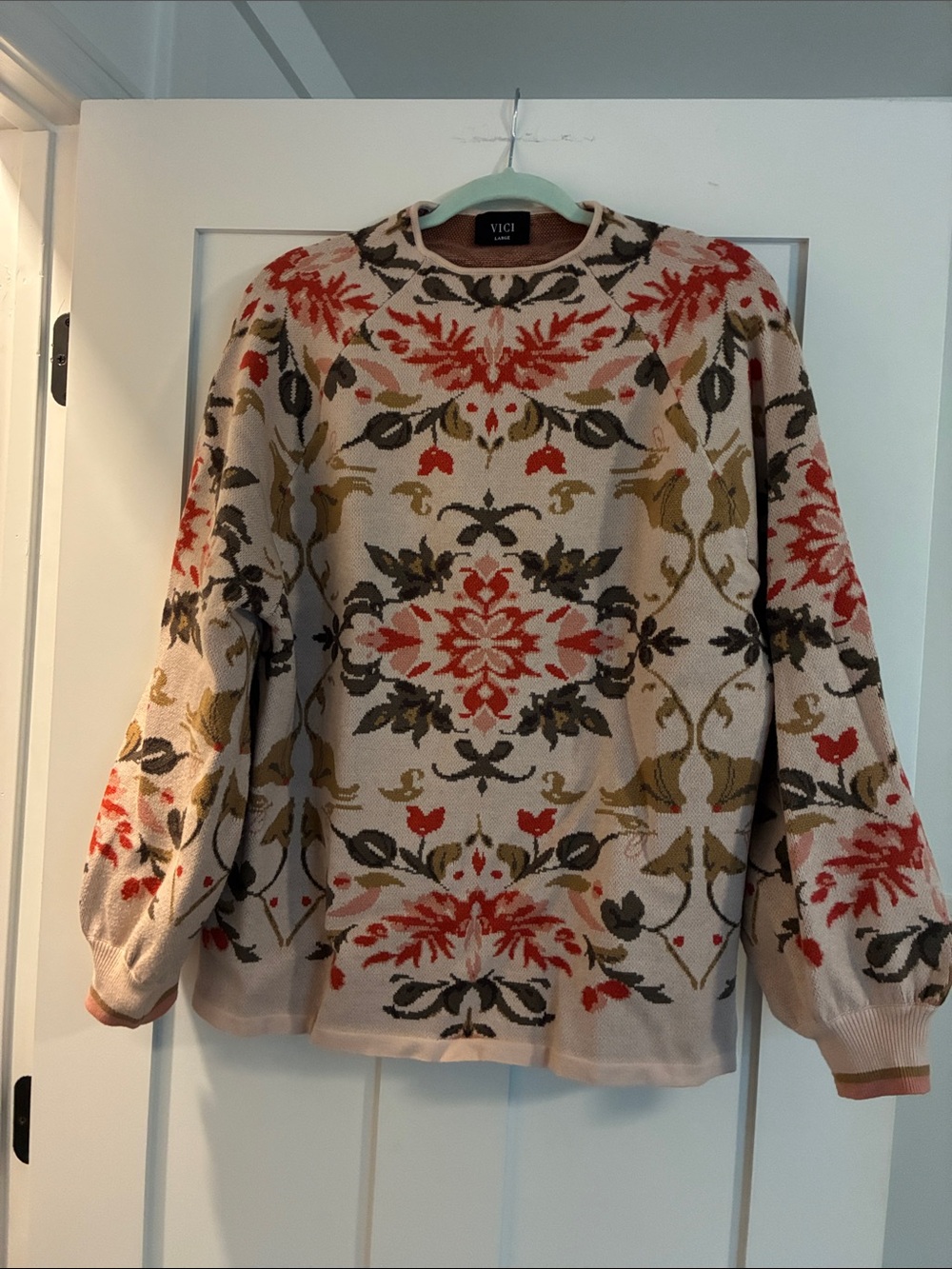 Vici Beige Crewneck Sweater with Coral, Olive and Brown Floral Jacquard